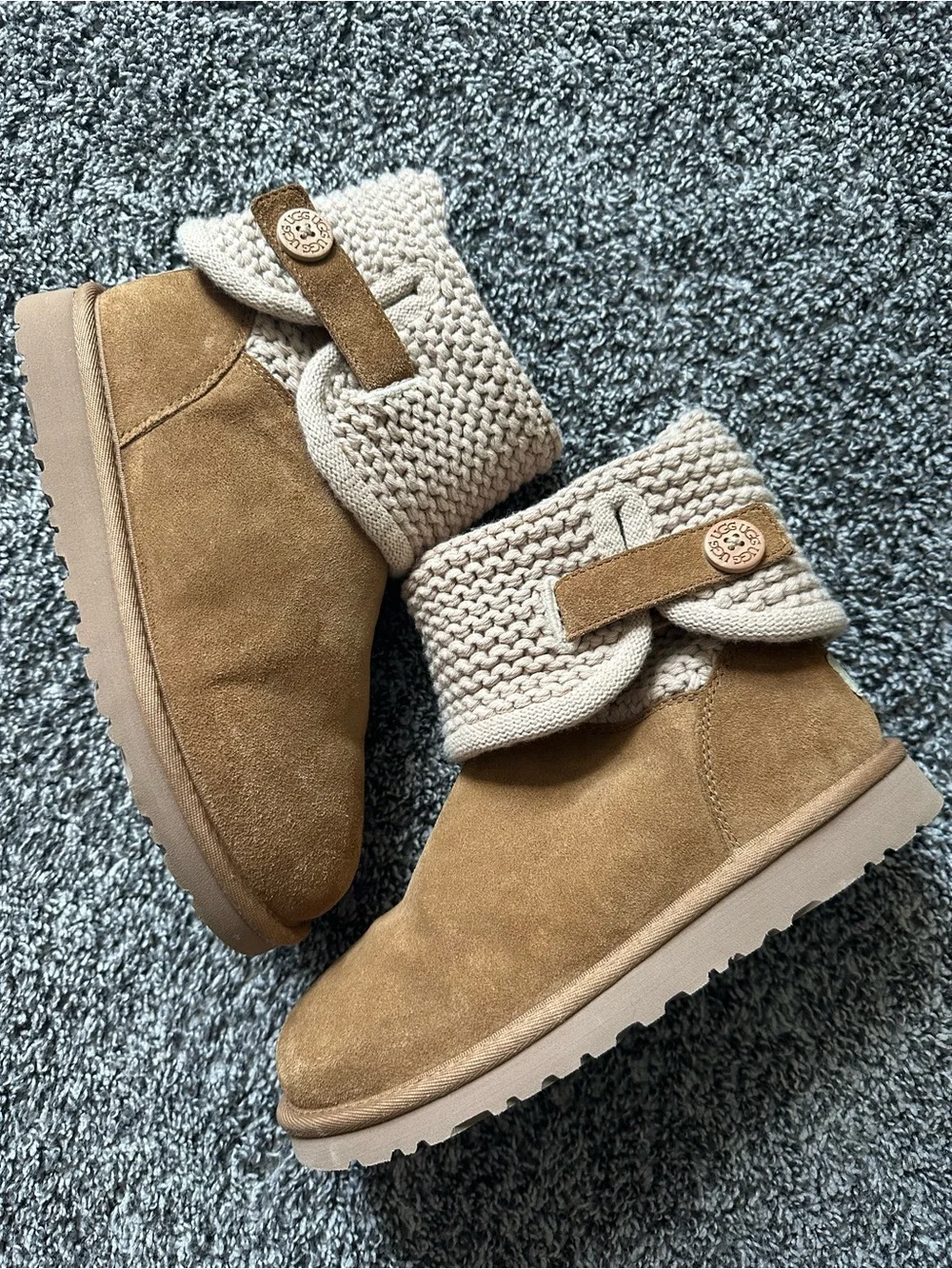 UGG Kids Darrah Chestnut Suede Knit-Cuff Boots Size 4 Youth